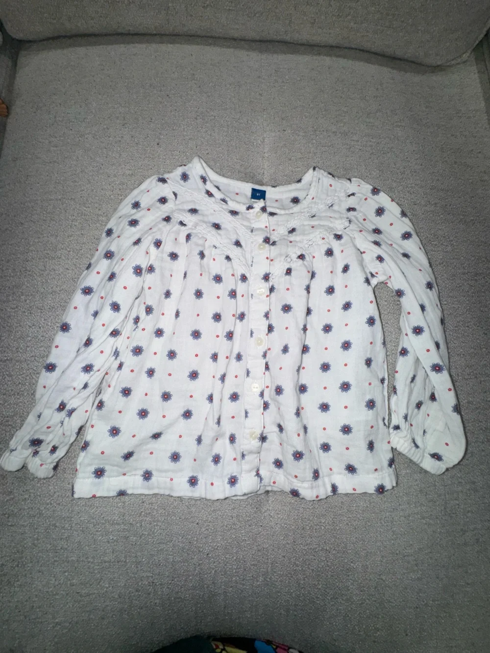 Old Navy White Button-Front Blouse with Blue Floral Print and Red Accents